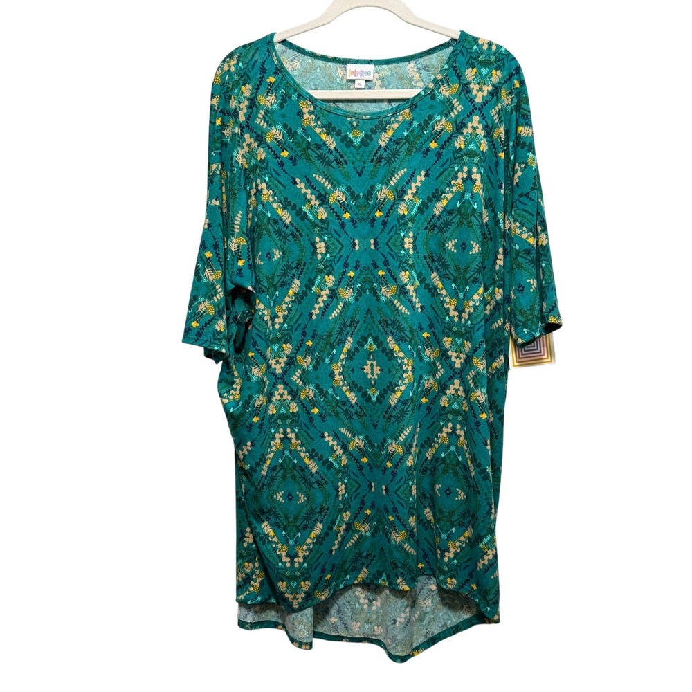 LuLaRoe Irma Tunic Top XL Teal Green Geometric Floral Diamond High Low NWT